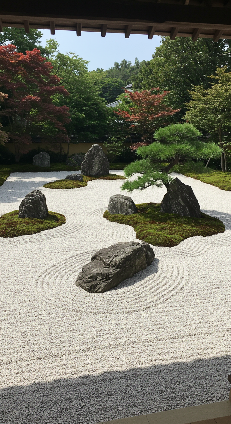 Zen-Garten mit geharktem weißem Kies, Moosinseln und großen Felsen.
