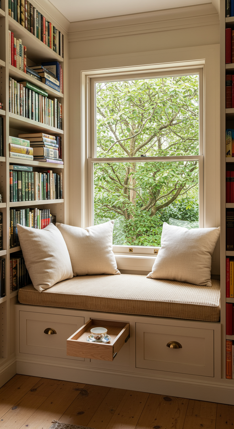 Gemütliche Fensterbank mit Polster und Kissen, eingebettet zwischen Bücherregalen.