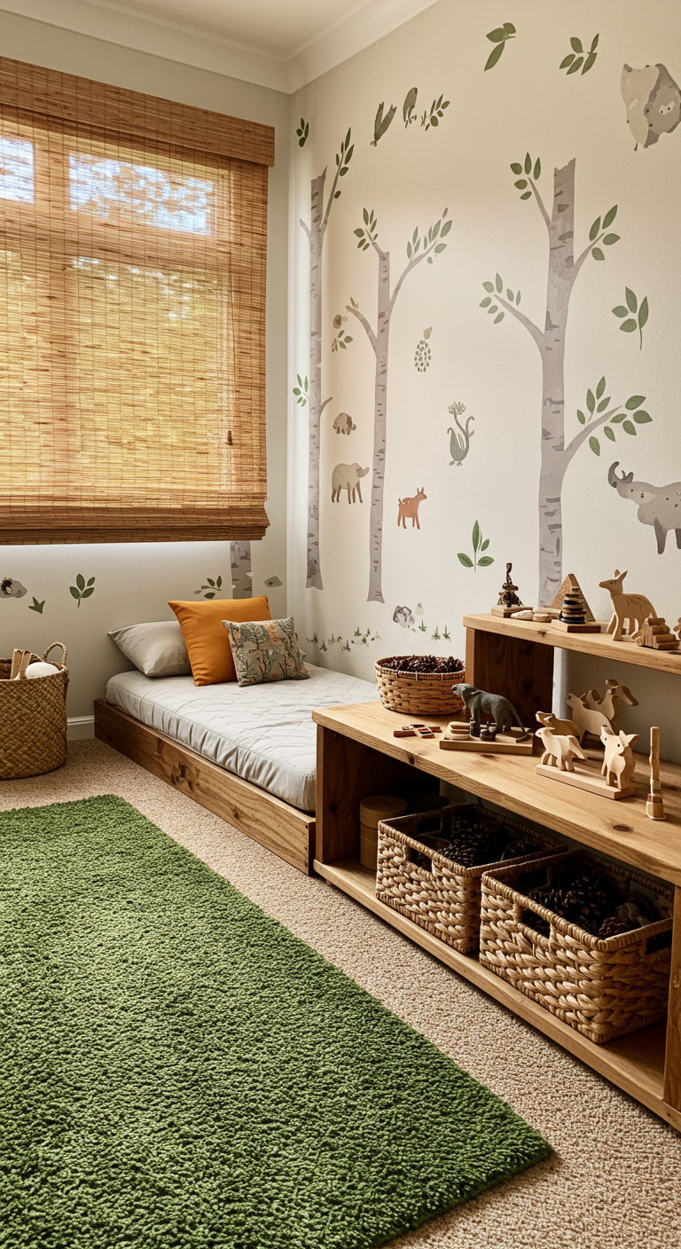 Kinderzimmer mit Waldtier-Wandbild, grünem Teppich und Holzbett.