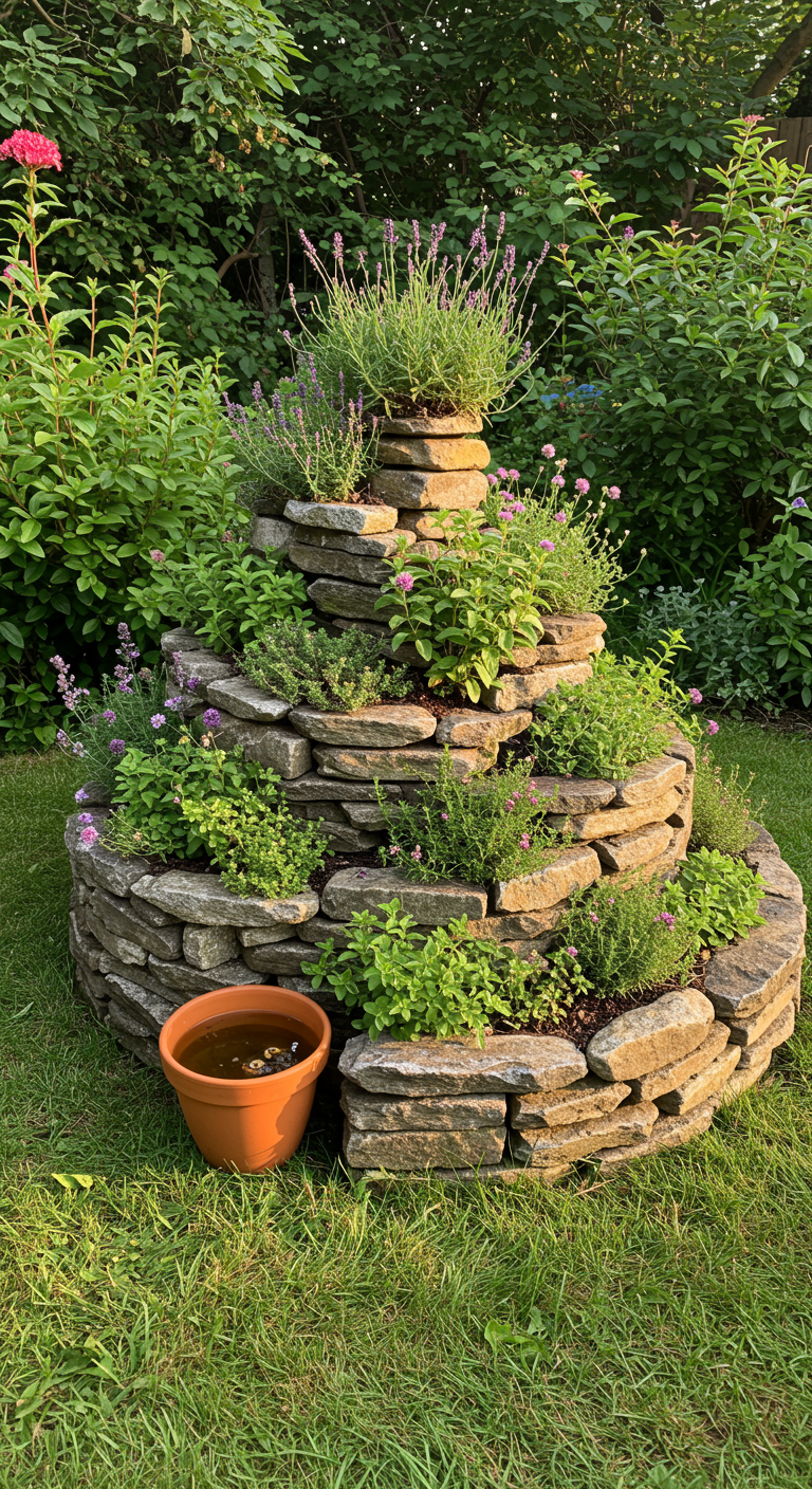 Kräuterspirale aus Natursteinen mit verschiedenen Kräutern und einem Terrakottatopf.