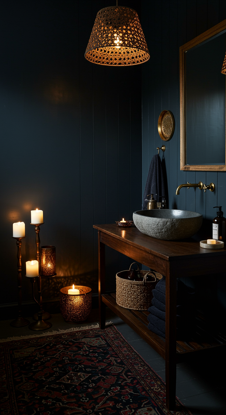 Dunkles Badezimmer mit Holztisch, Steinwaschbecken und Kerzenlicht.