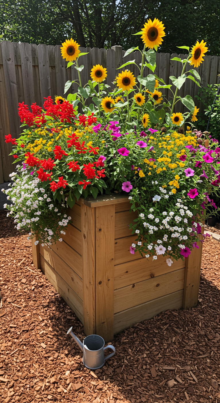 Großes Holzhochbeet mit Sonnenblumen und bunten Sommerblumen