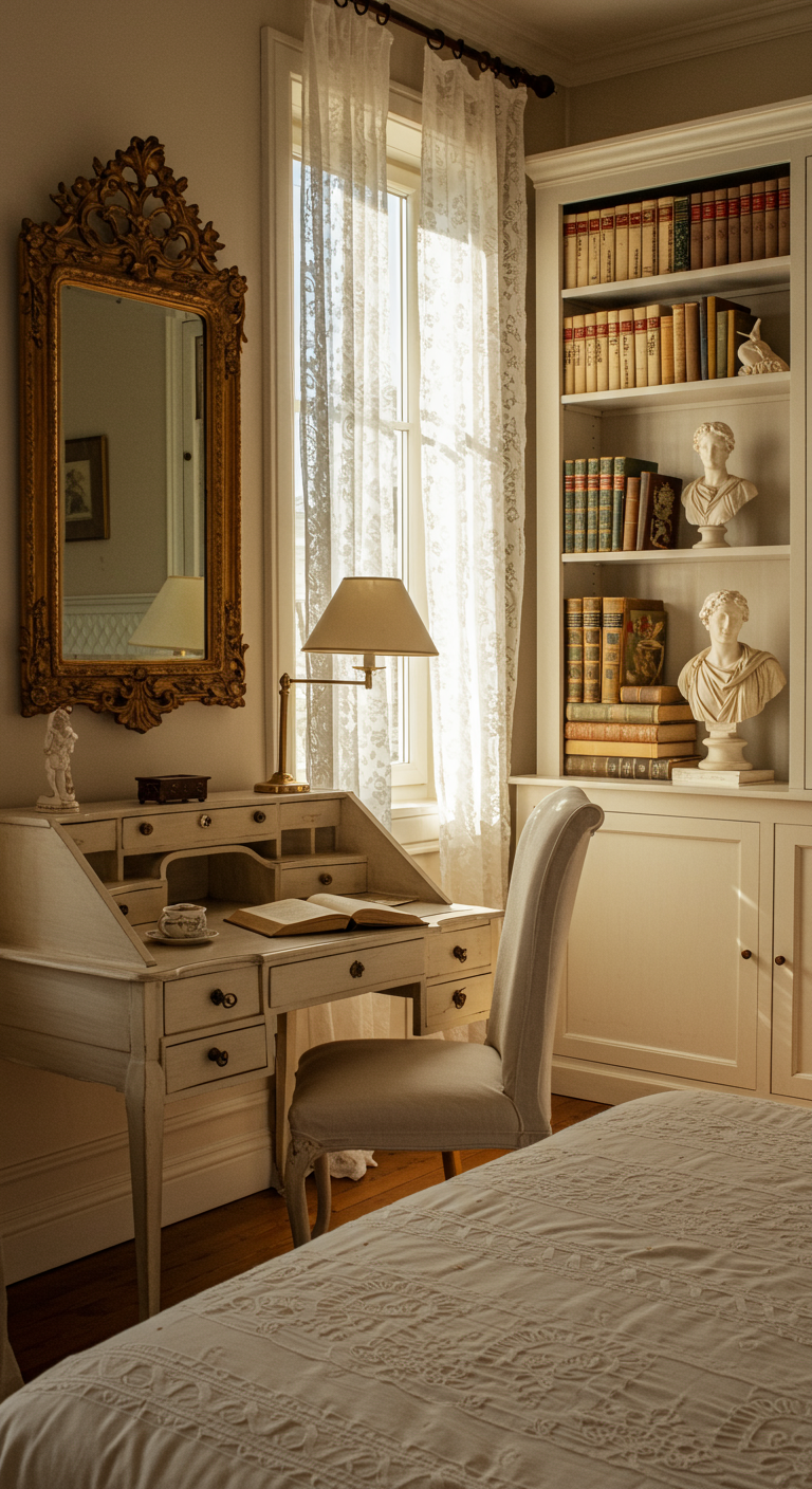 Helles Schlafzimmer mit weißem Sekretär, Goldspiegel und eingebautem Bücherregal.