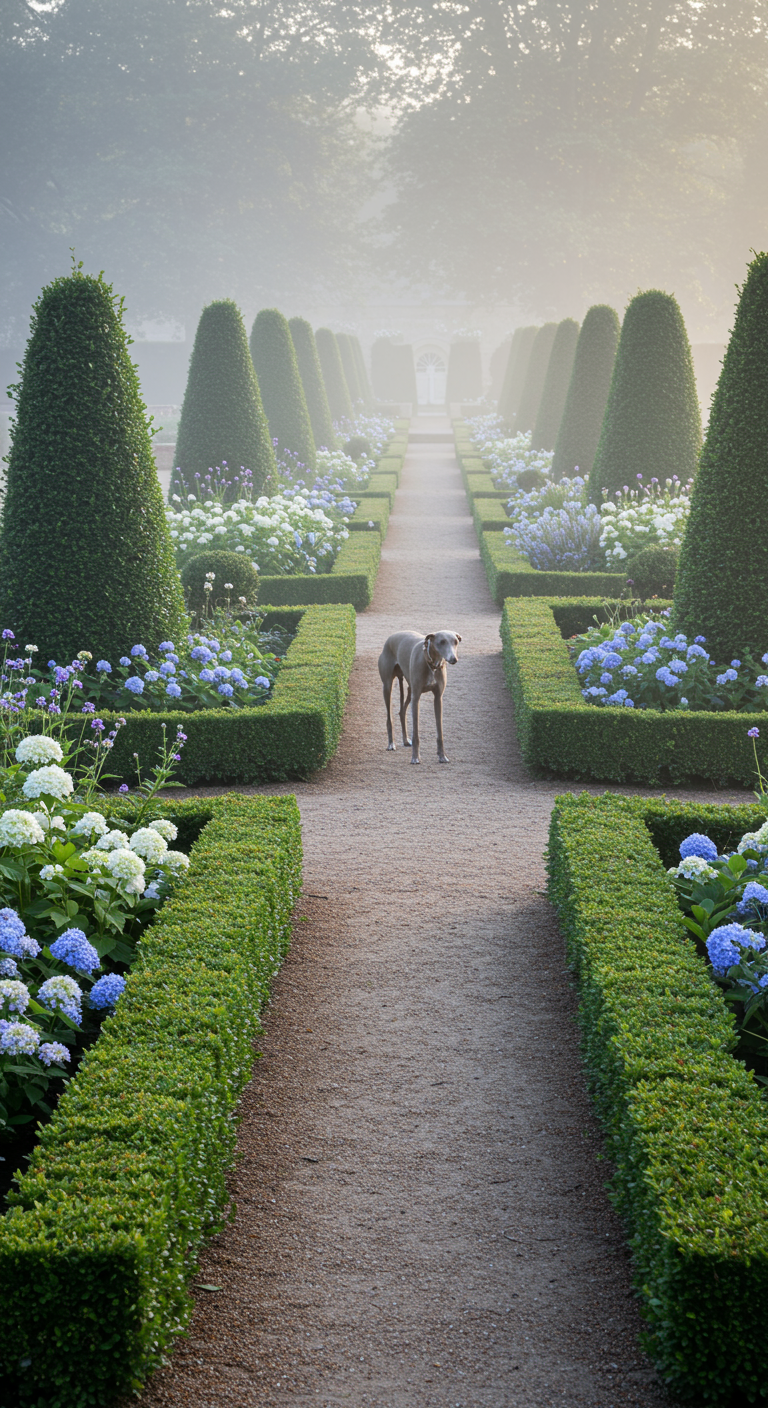Windhund auf Kiesweg in formalem Garten mit Buchsbaumhecken und Hortensien im Nebel
