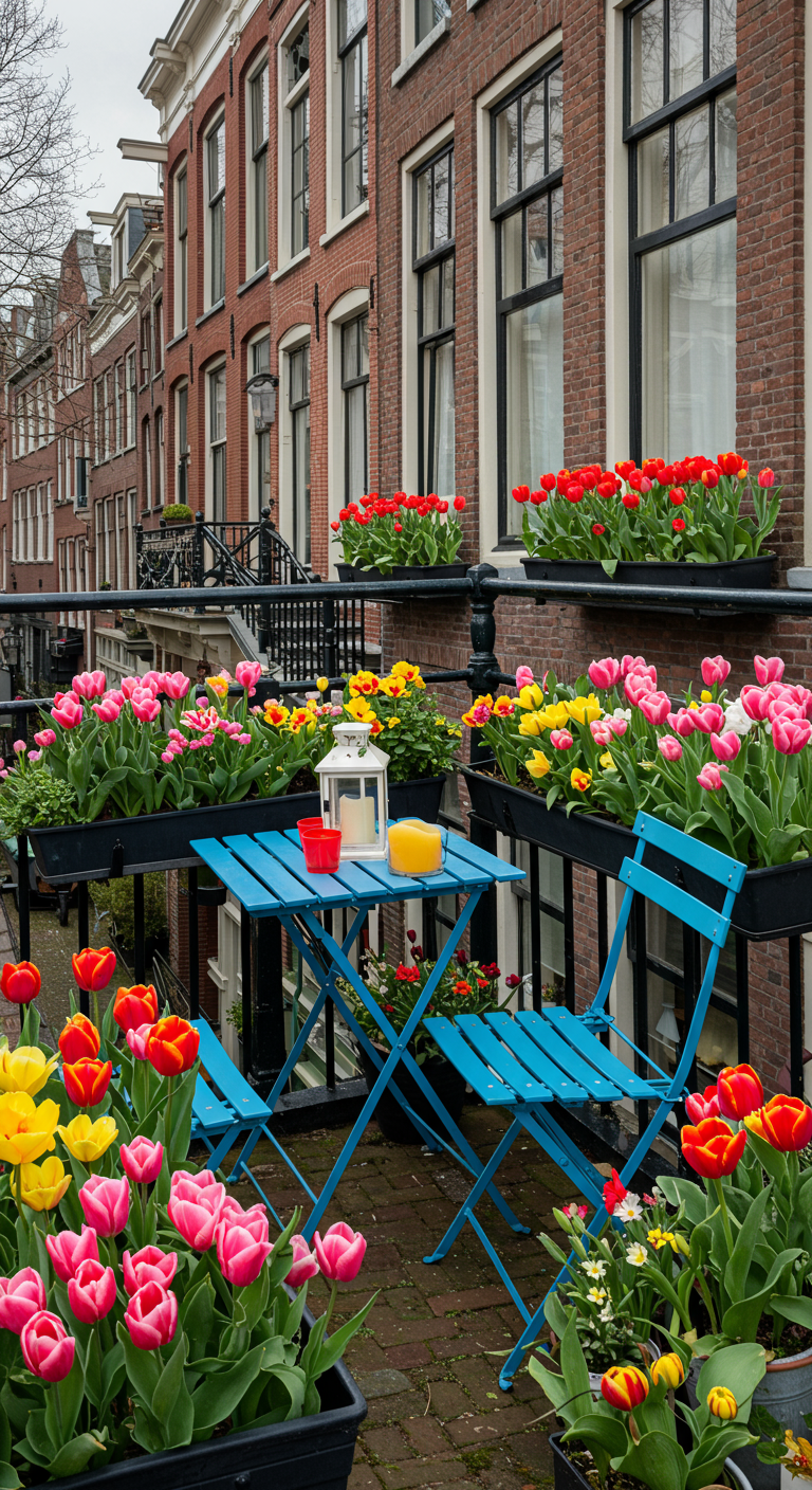 Kleiner Balkon mit blauem Bistro-Set und vielen bunten Tulpen in Blumenkästen.