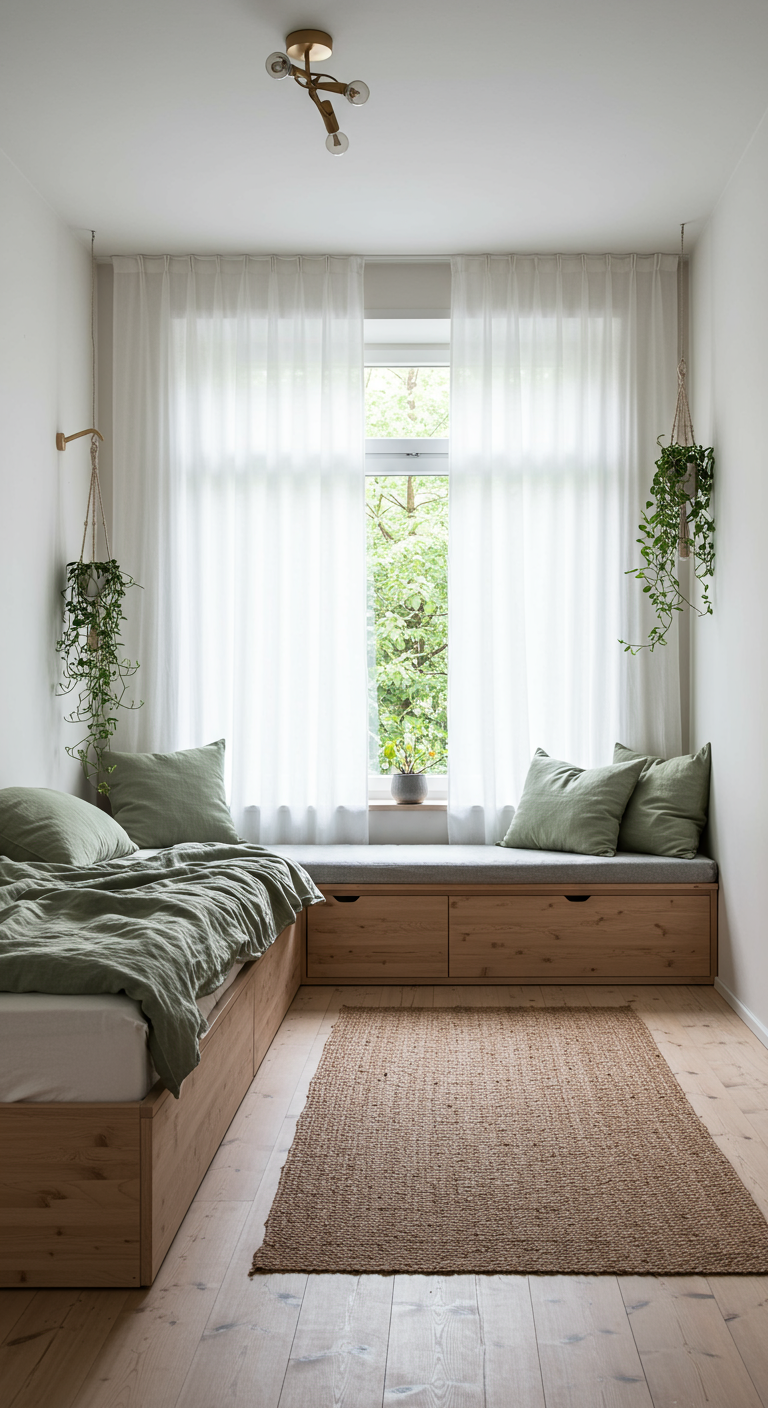 Helles Schlafzimmer mit Fensterbank als Sitzgelegenheit und Stauraum, Bett daneben.