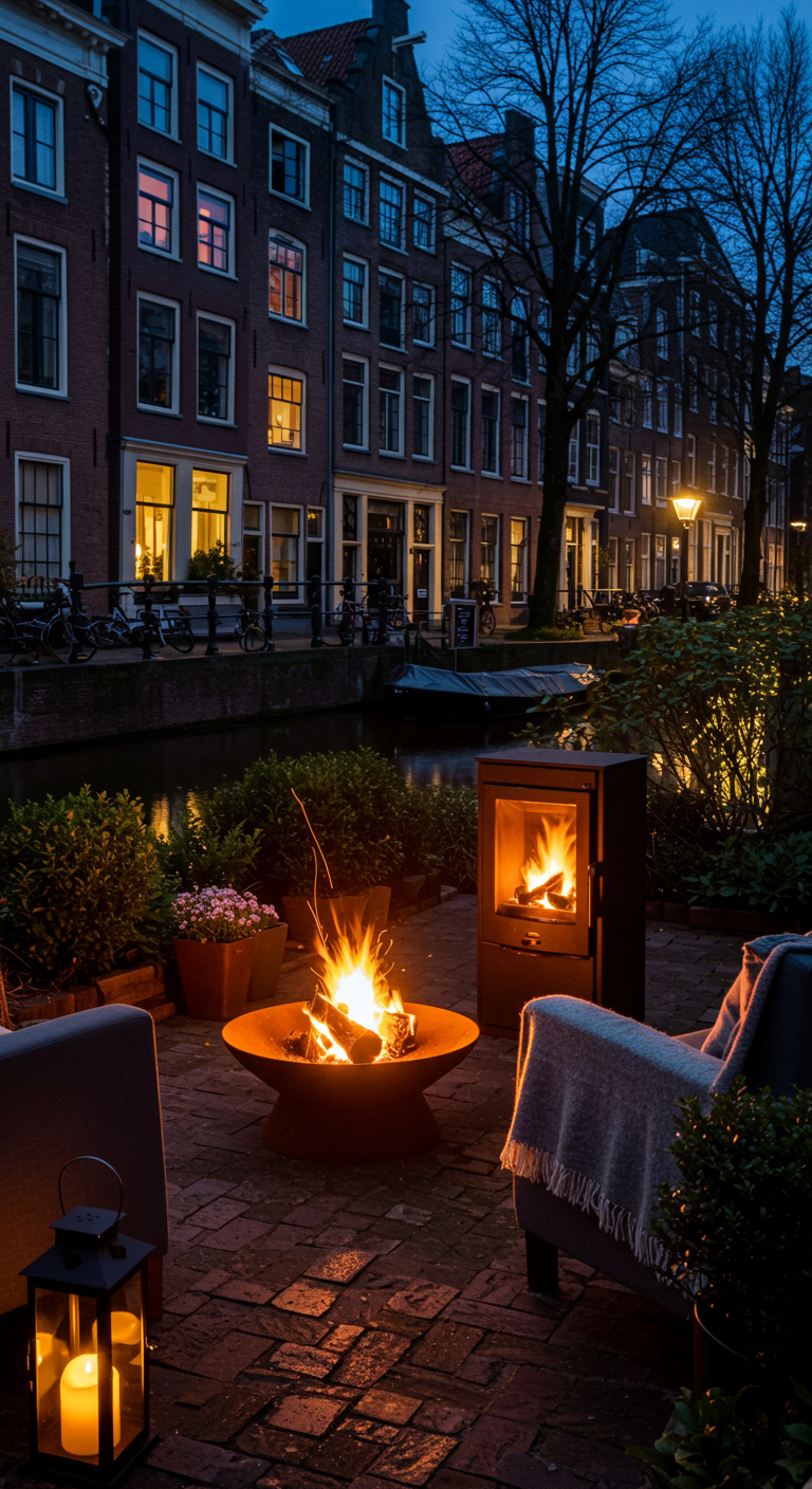 Feuerschale und Kaminofen mit Sesseln an einer Gracht bei Nacht.