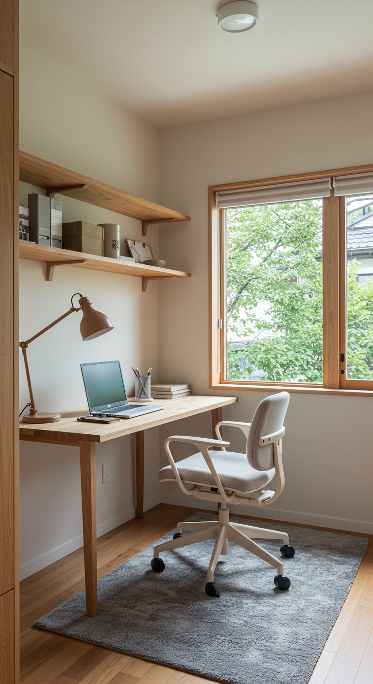 Helles Japandi Home Office mit Holzschreibtisch am Fenster.