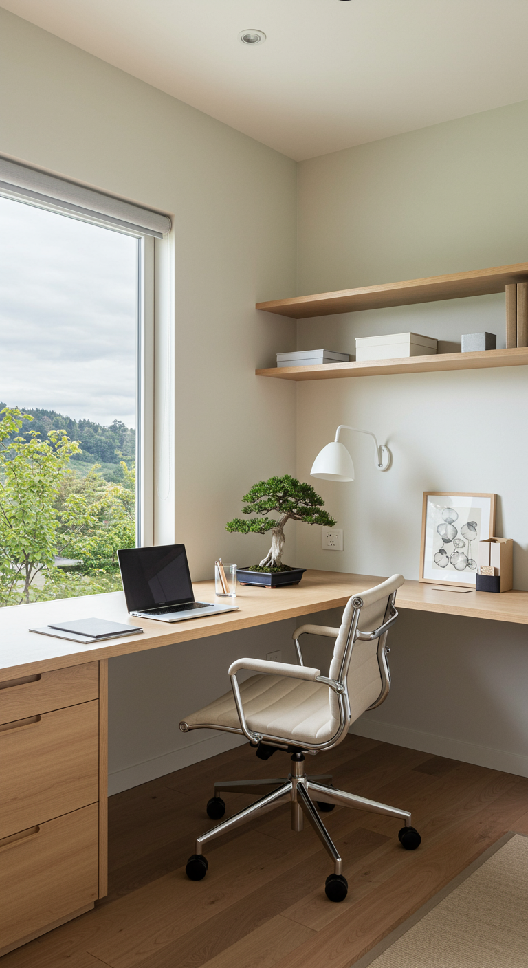 Modernes japanisches Home Office mit Holzschreibtisch, Bonsai und Blick ins Grüne.