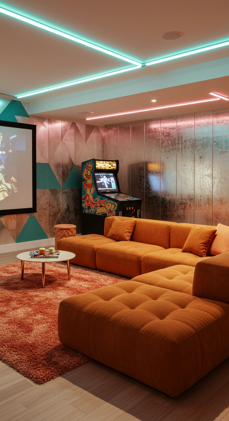 Retro-inspirierter Gaming-Raum mit orangem Sofa, Arcade-Automat und bunten Lichtern.