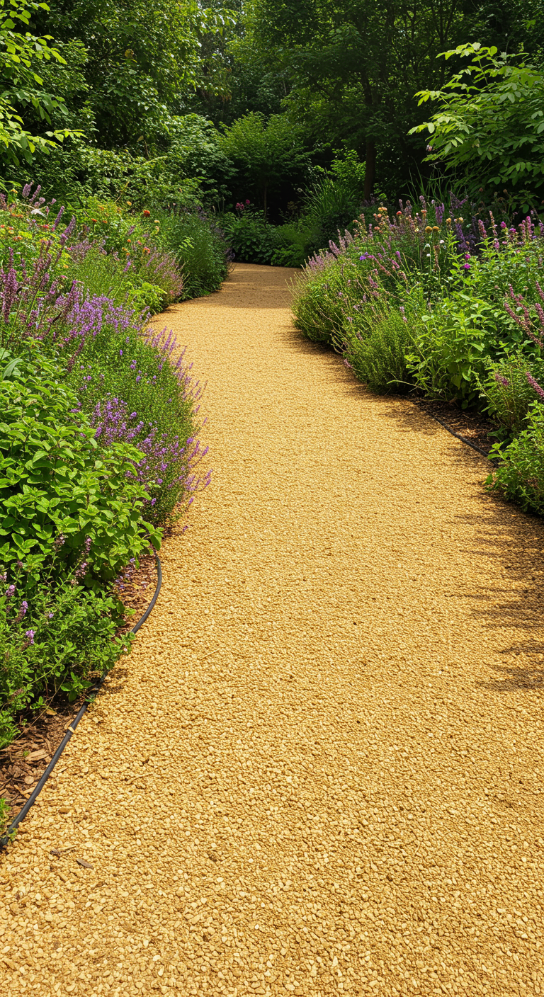Breiter goldener Kiesweg durch einen blühenden Garten.