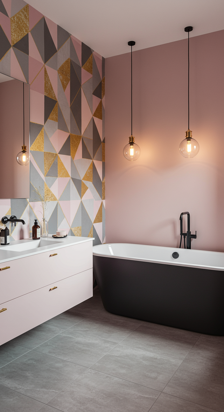 Modernes Bad mit rosa Wänden, geometrischer Akzentwand und schwarzer Wanne.