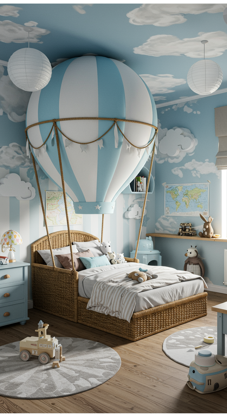 Kinderzimmer mit Heißluftballon-Bett und Wolken-Wanddeko.