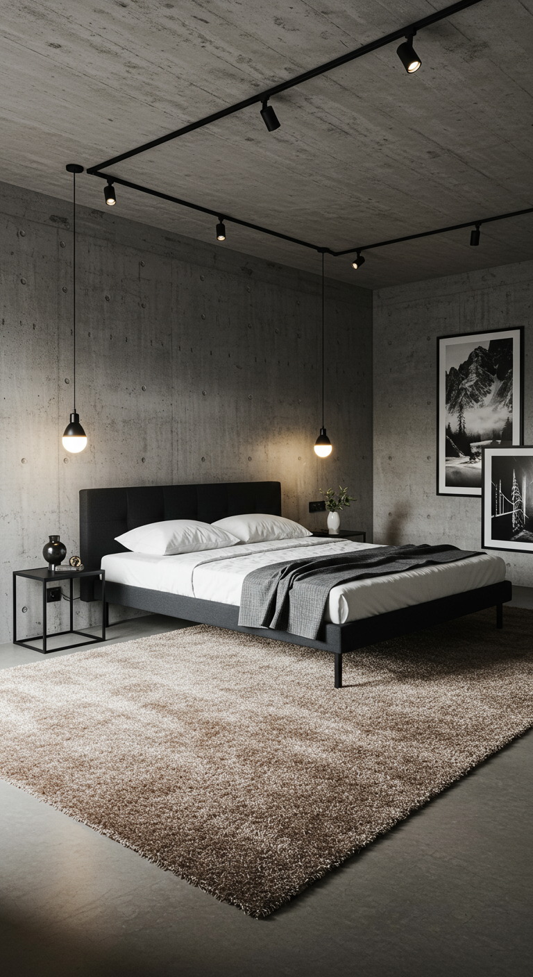Schlafzimmer im Industrial-Stil mit Betonwänden und schwarzen Akzenten.