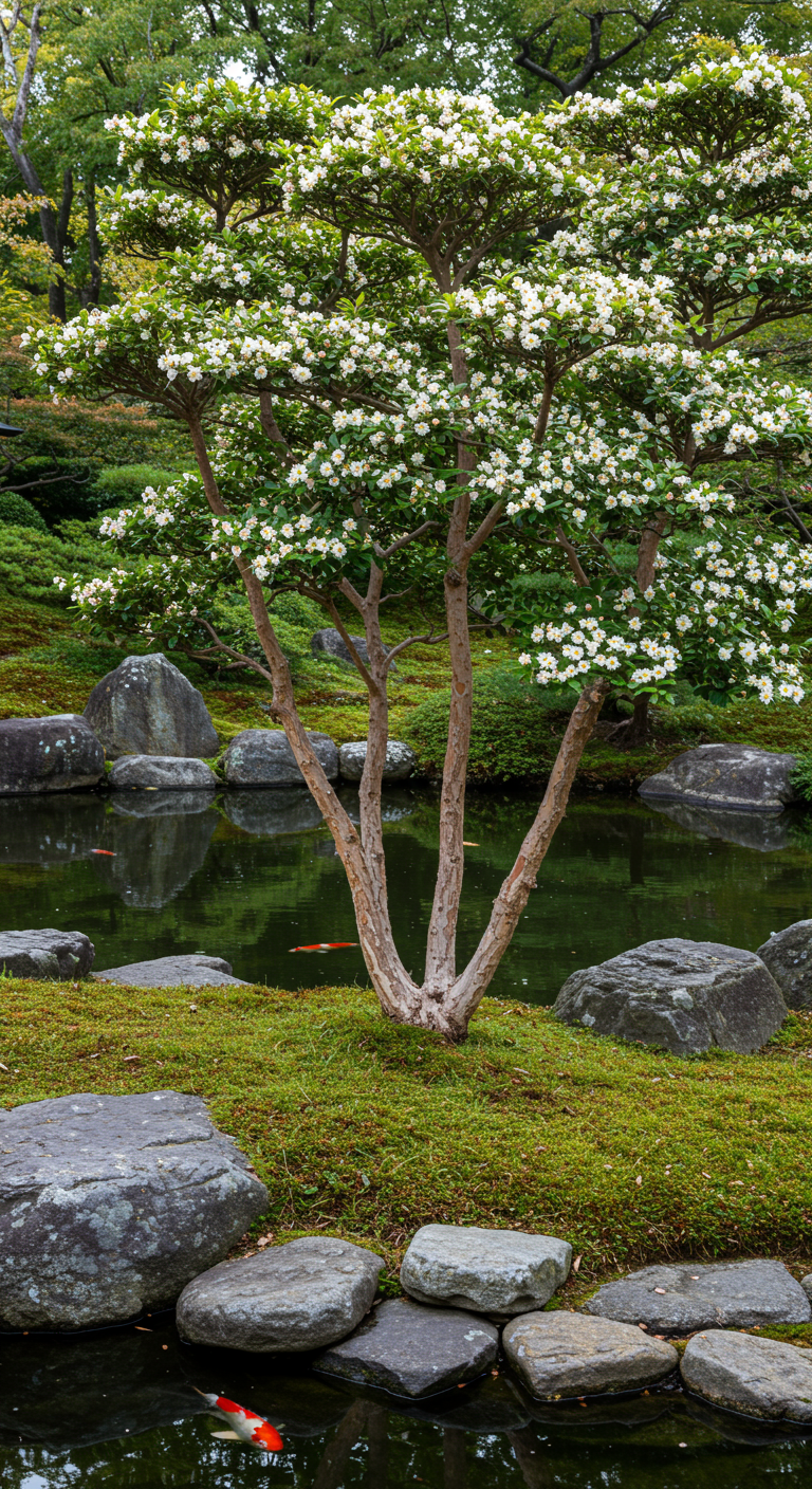 Nahaufnahme der kleinen, glänzenden Blätter und schwarzen Beeren der Japanischen Hülse.