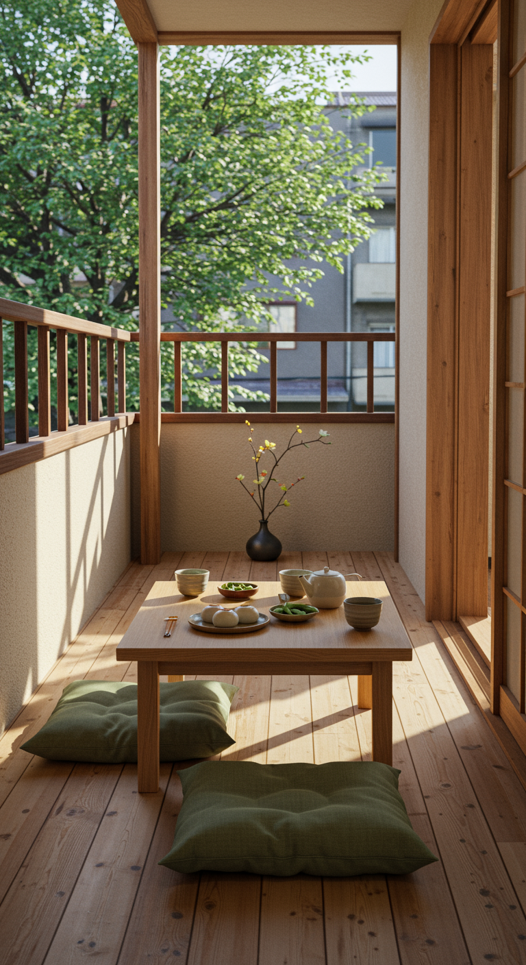 Minimalistischer Holzbalkon im japanischen Stil mit niedrigem Tisch, Teegeschirr und Kissen.