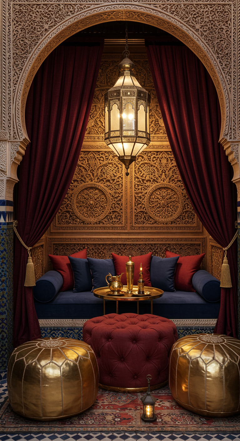 Opulenter marokkanischer Balkon mit geschnitztem Holz, Samt und Gold.