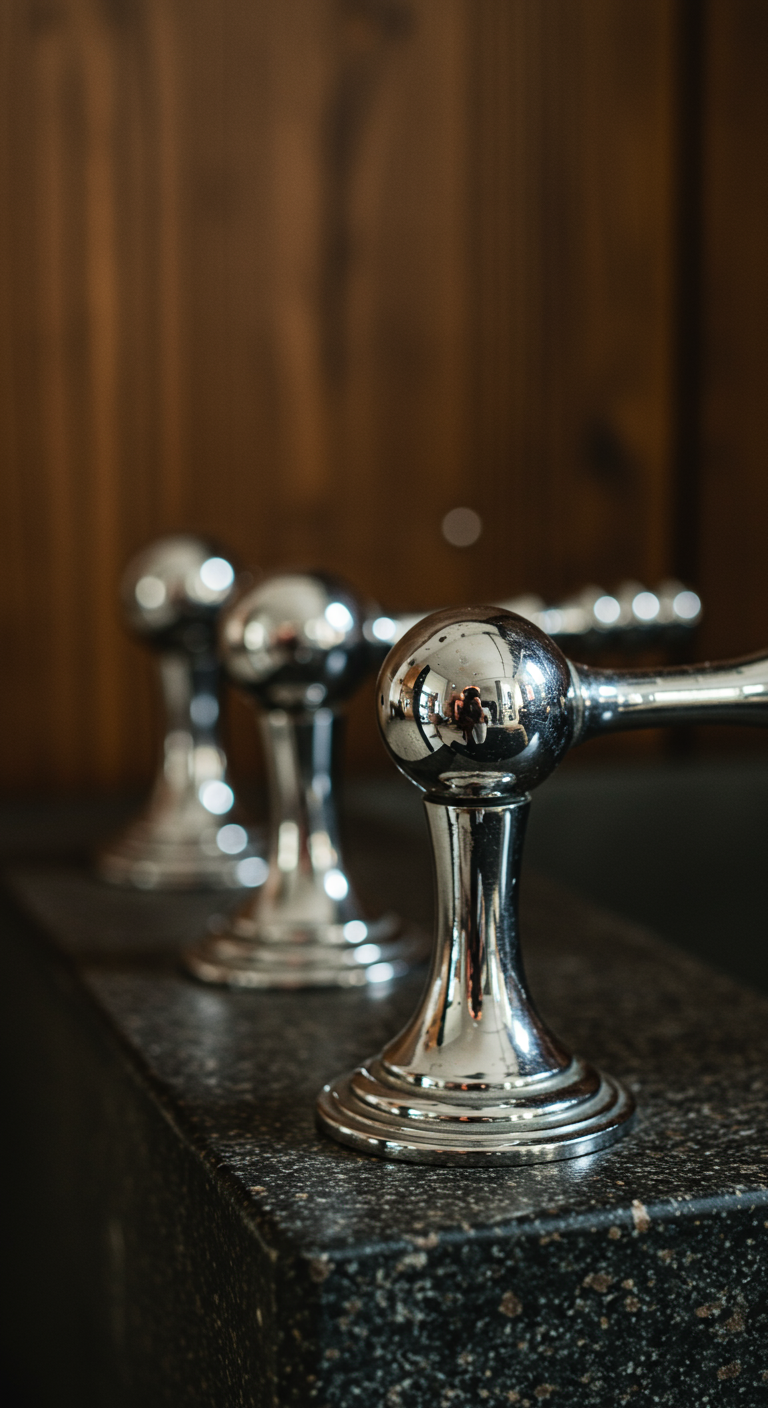 Badezimmerecke mit brennenden Kerzen in Messingständern neben der Badewanne.