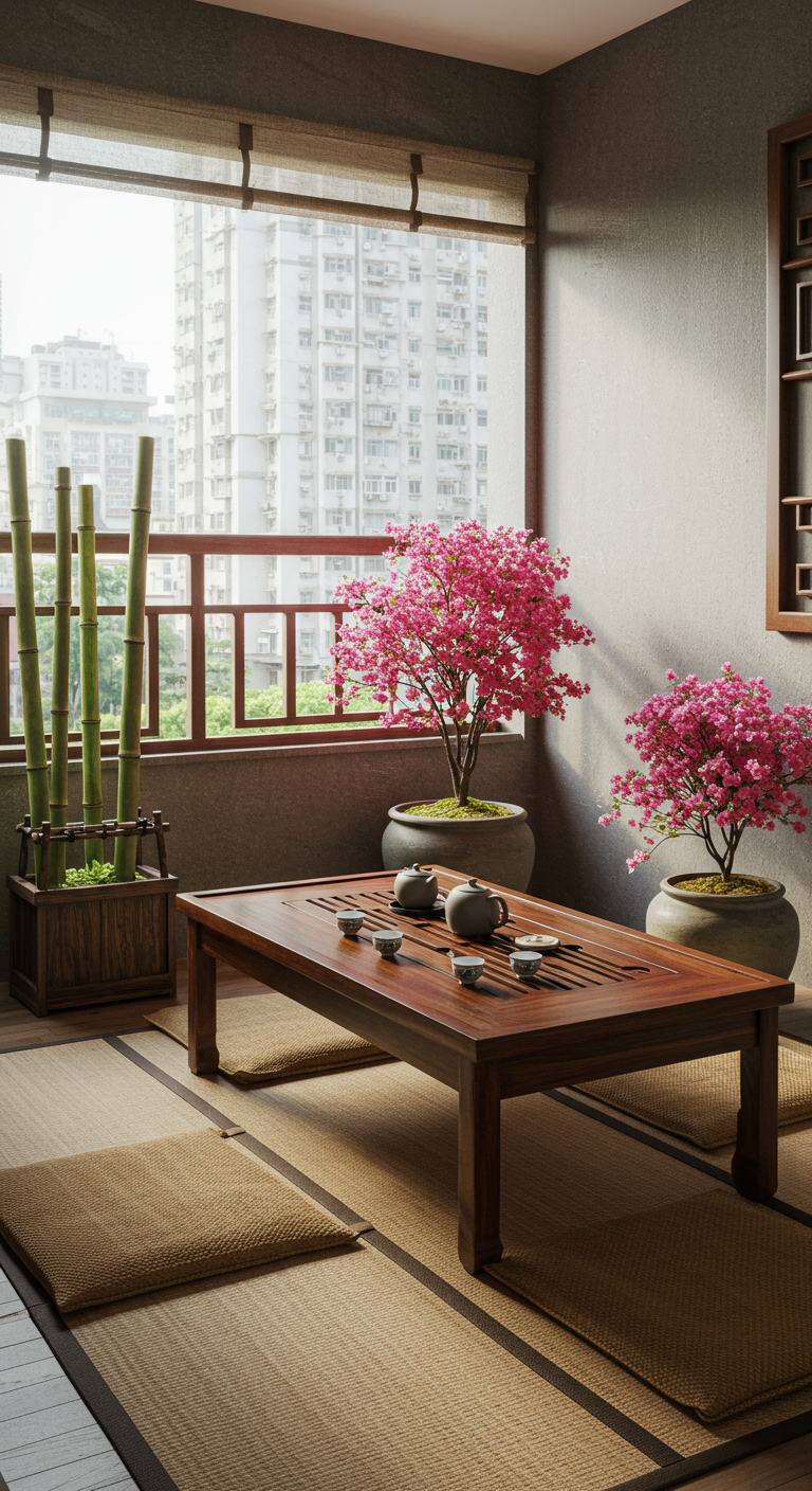 Chinesischer Balkon mit niedrigem Tisch, Sitzmatten und blühenden rosa Bäumen.