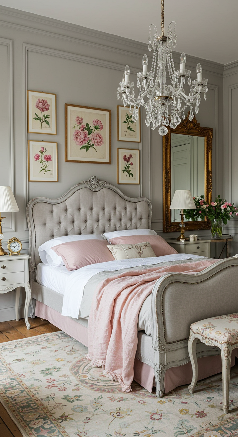 Elegantes Schlafzimmer mit grauen Wänden, rosa Akzenten und Golddetails.