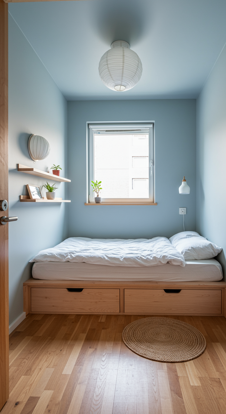 Kleines Japandi-Schlafzimmer in Hellblau mit Stauraumbett und Wandregalen.