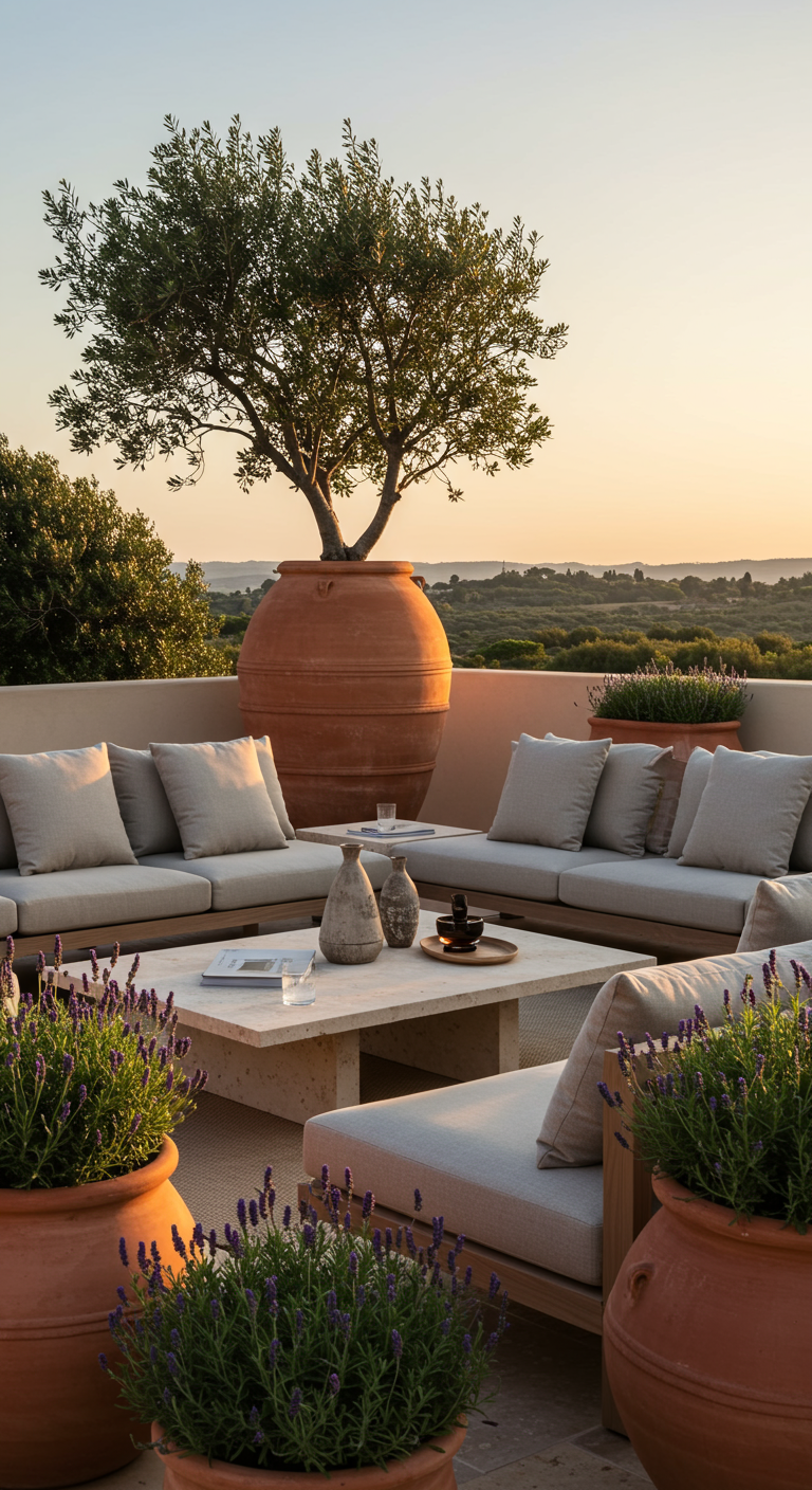 Moderne Lounge-Ecke auf einer Terrasse mit Lavendel, Olivenbaum und Weitblick.