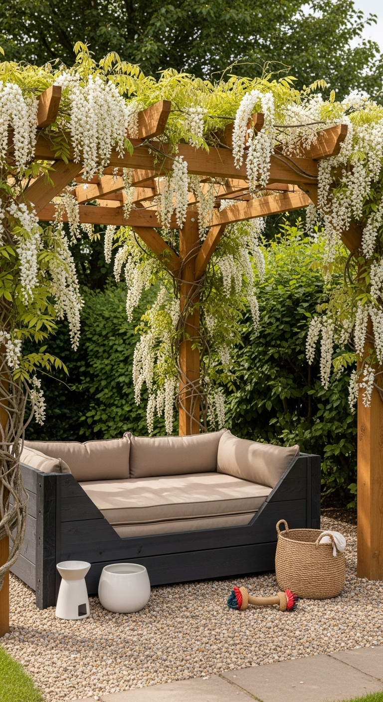Großes dunkles Holzbett mit beigen Polstern unter einer Pergola mit blühender weißer Glyzinie.
