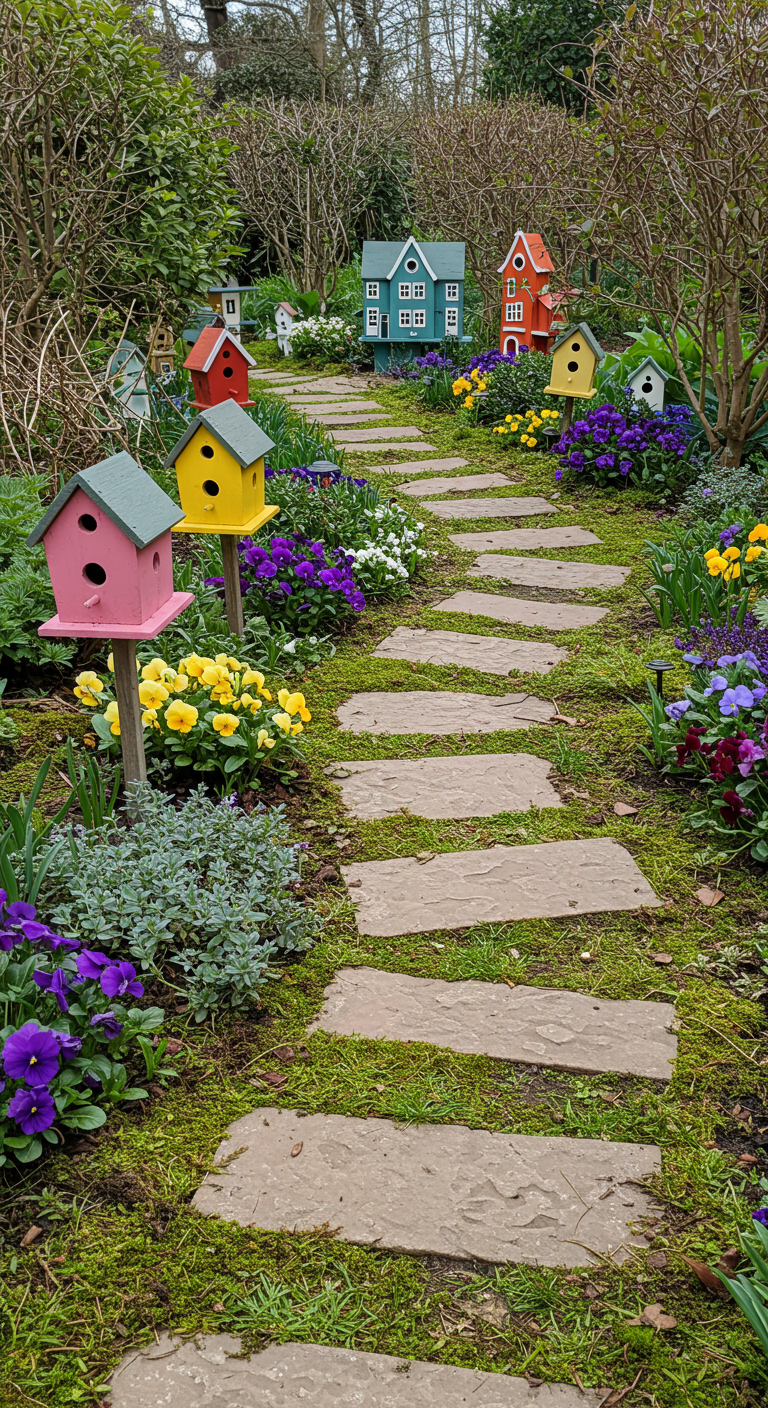 Gartenweg mit bunten Vogelhäuschen und Frühlingsblumen.