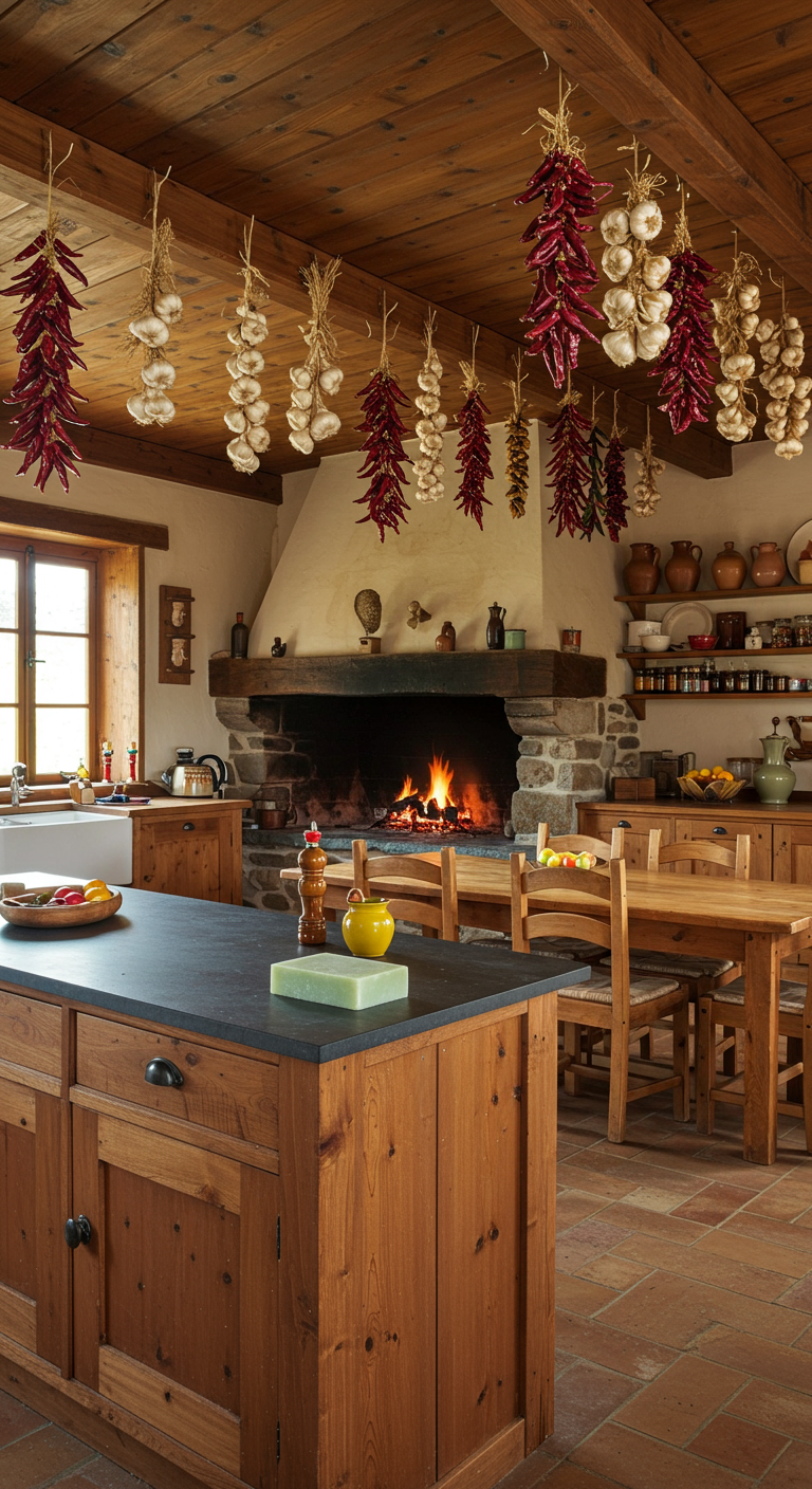 Mediterrane Landhausküche mit Kamin und hängenden Kräutern.