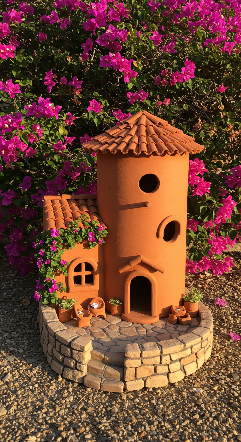 Terrakotta-Vogelhaus in Form eines Turms mit Dachziegeln, umgeben von Bougainvillea.