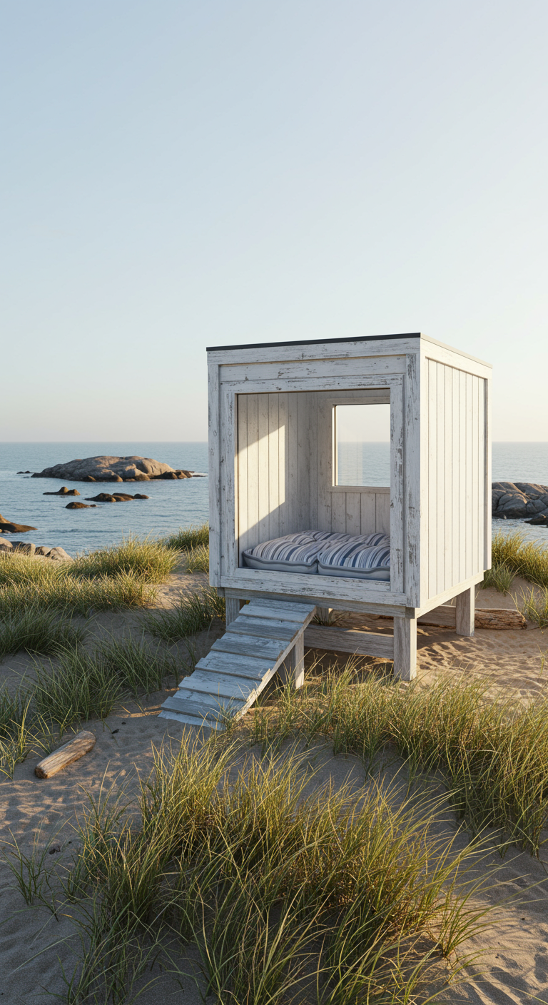 Weiße, schlichte Holzhütte am Sandstrand mit Blick auf das Meer.