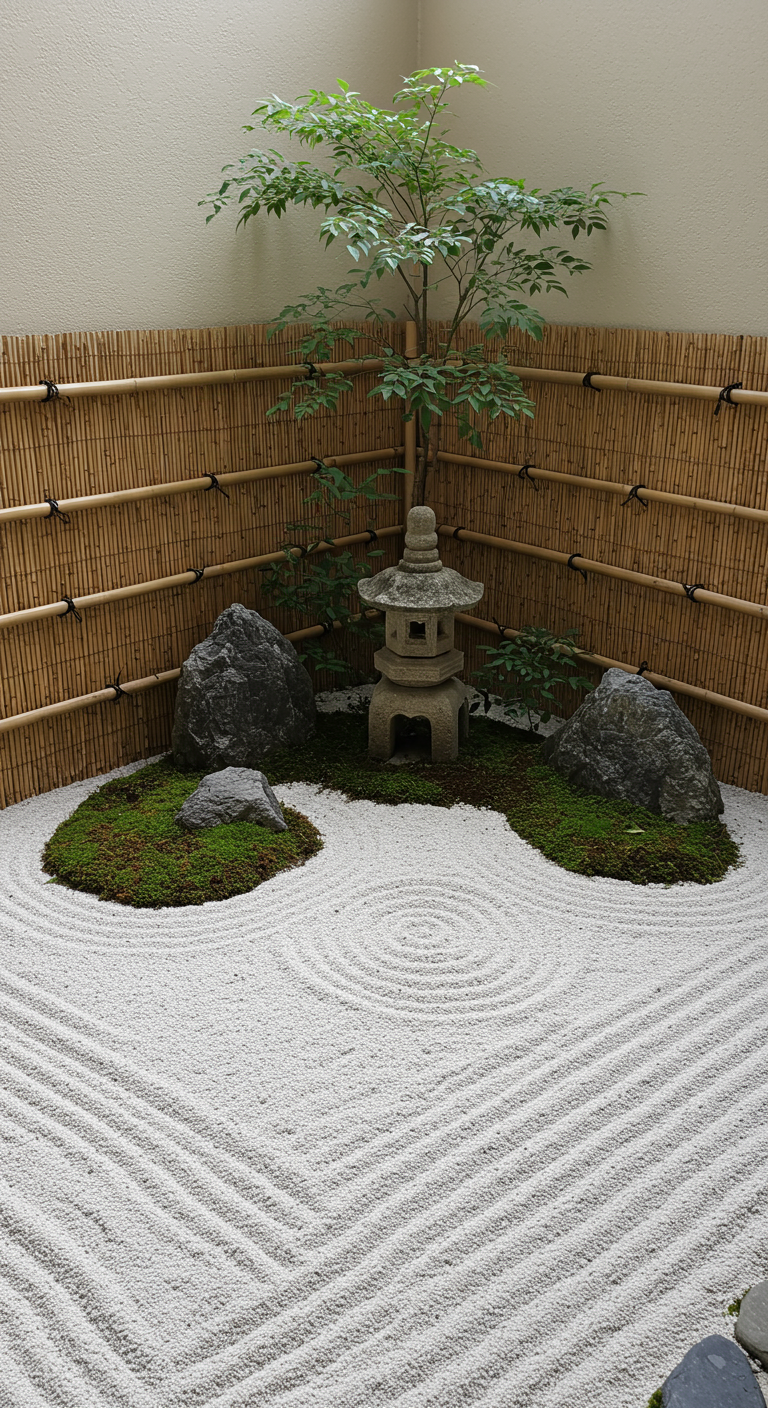 Kleiner Zen-Garten mit geharktem Sand, Moos, Steinen und Laterne.