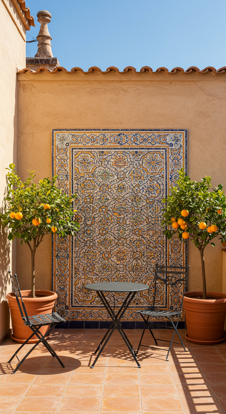 Sonnige Terrasse mit großem Wandmosaik, Orangenbäumen und Bistro-Set.