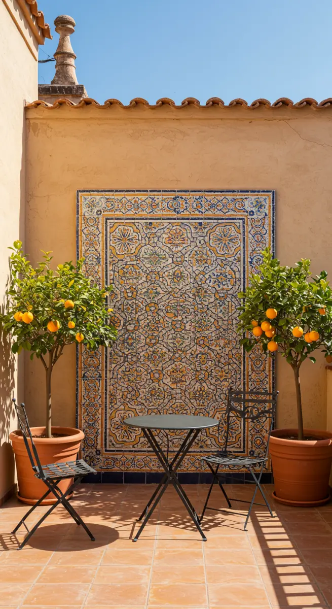 Sonnige Terrasse mit großem Wandmosaik, Orangenbäumen und Bistro-Set.