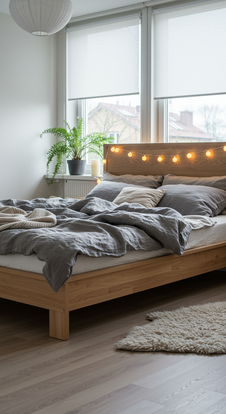 Helles Schlafzimmer mit Holzbett, grauer Leinenbettwäsche und Lichterkette.