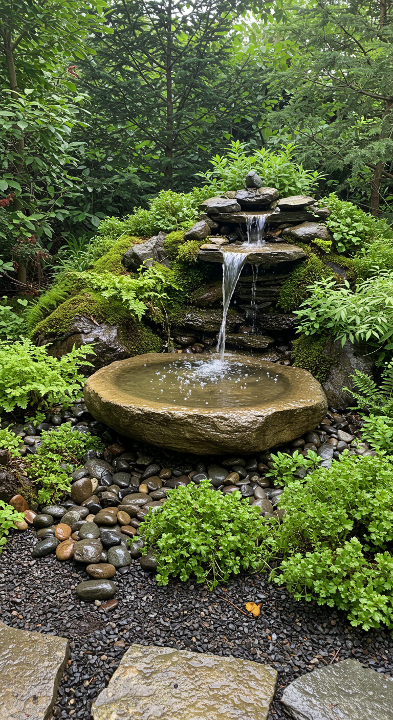 Wasserfall führt in ein flaches Stein-Vogelbad, umgeben von Moos und Farnen
