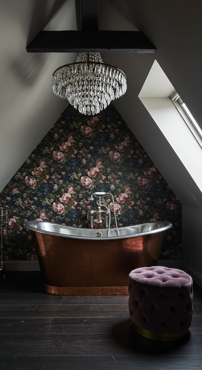 Glamouröses Dachbadezimmer mit Kupferbadewanne, floraler Tapete und Kristalllüster.
