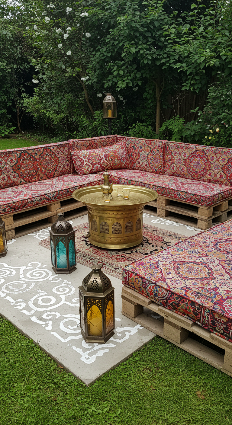 Outdoor-Sitzecke aus Paletten mit bunten Kissen, Messingtisch und Laternen.