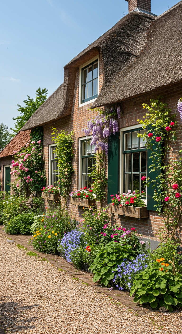 Reetdachhaus mit Backsteinfassade, umrankt von Rosen, Glyzinien und bunten Blumen.