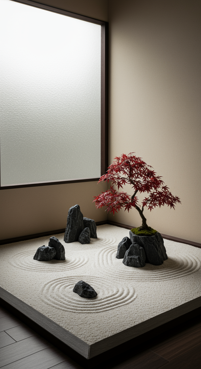 Quadratischer Indoor-Zen-Garten mit geharktem Sand, dunklen Steinen und rotem Mini-Ahorn.