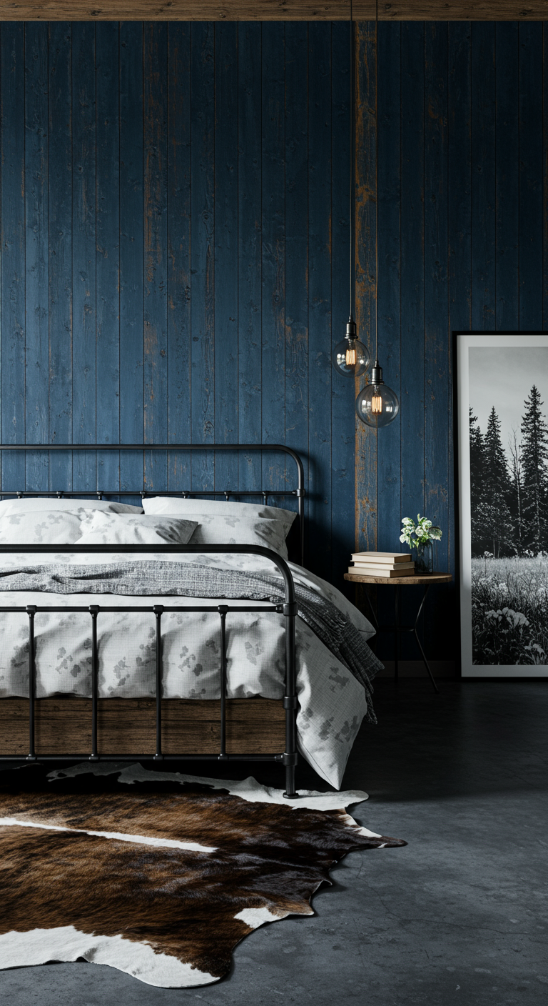 Rustikales Schlafzimmer mit dunkelblauer Holzwand, Metallbett und Kuhfellteppich.