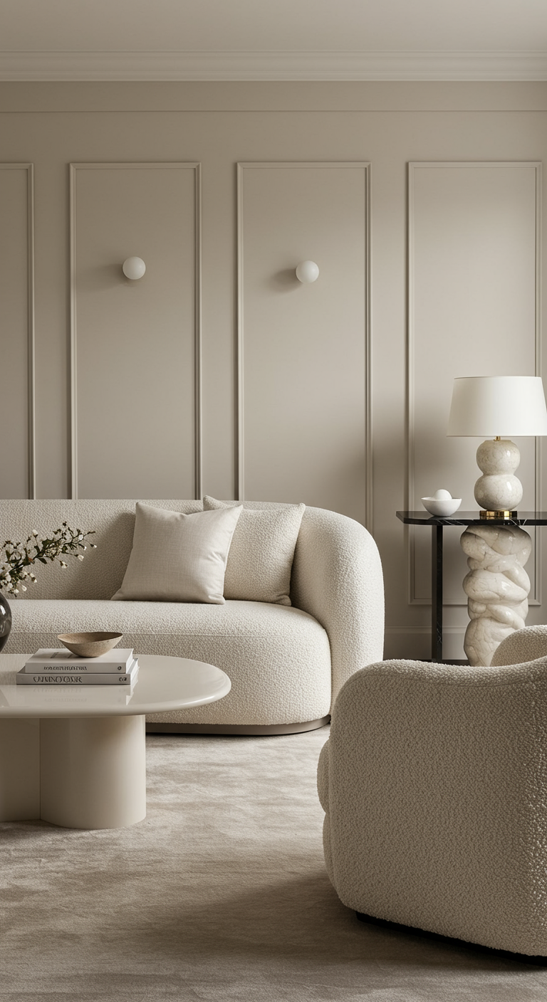Wohnzimmer in Cremetönen mit geschwungenem Bouclé-Sofa und skulpturaler Lampe.