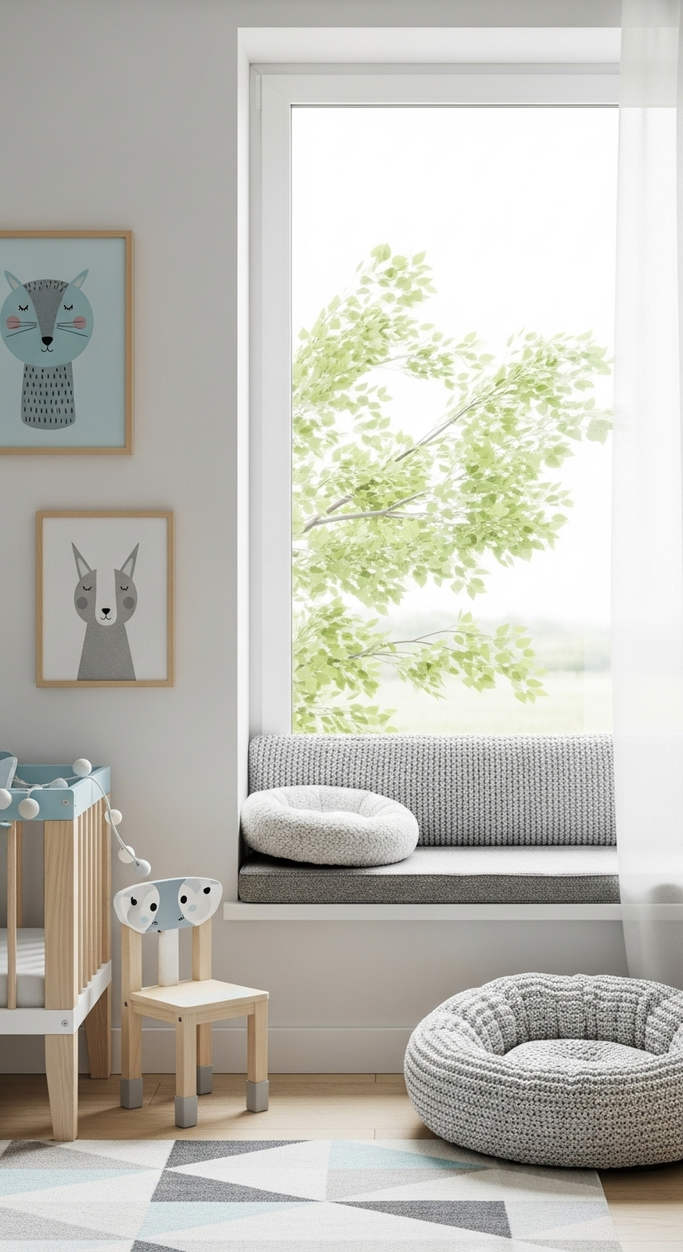 Kinderzimmer-Fensterbank mit grauem Polster und gestrickten Kissen.