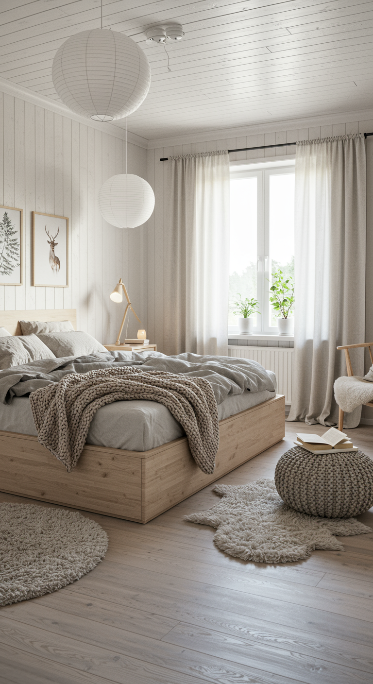 Helles skandinavisches Schlafzimmer mit Holzbett, weißen Holzwänden und gemütlichen Textilien.