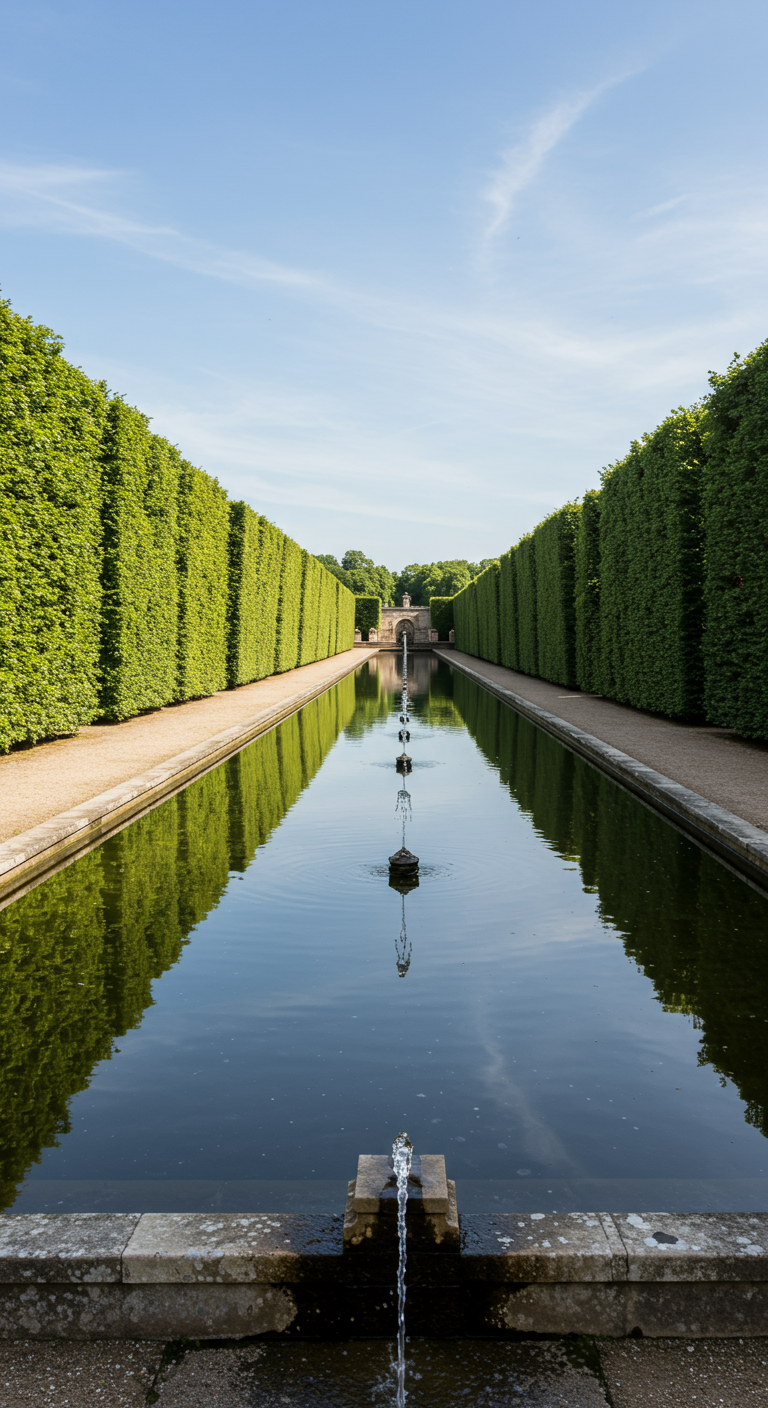 Langes Wasserbecken reflektiert symmetrisch geschnittene Hecken und Himmel.