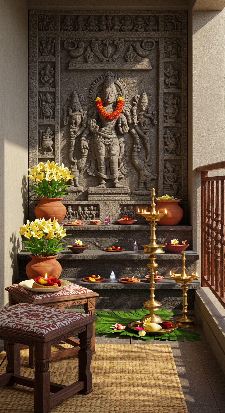 Indischer Balkonaltar mit Steinrelief, Diyas, Blumen und Opfergaben.