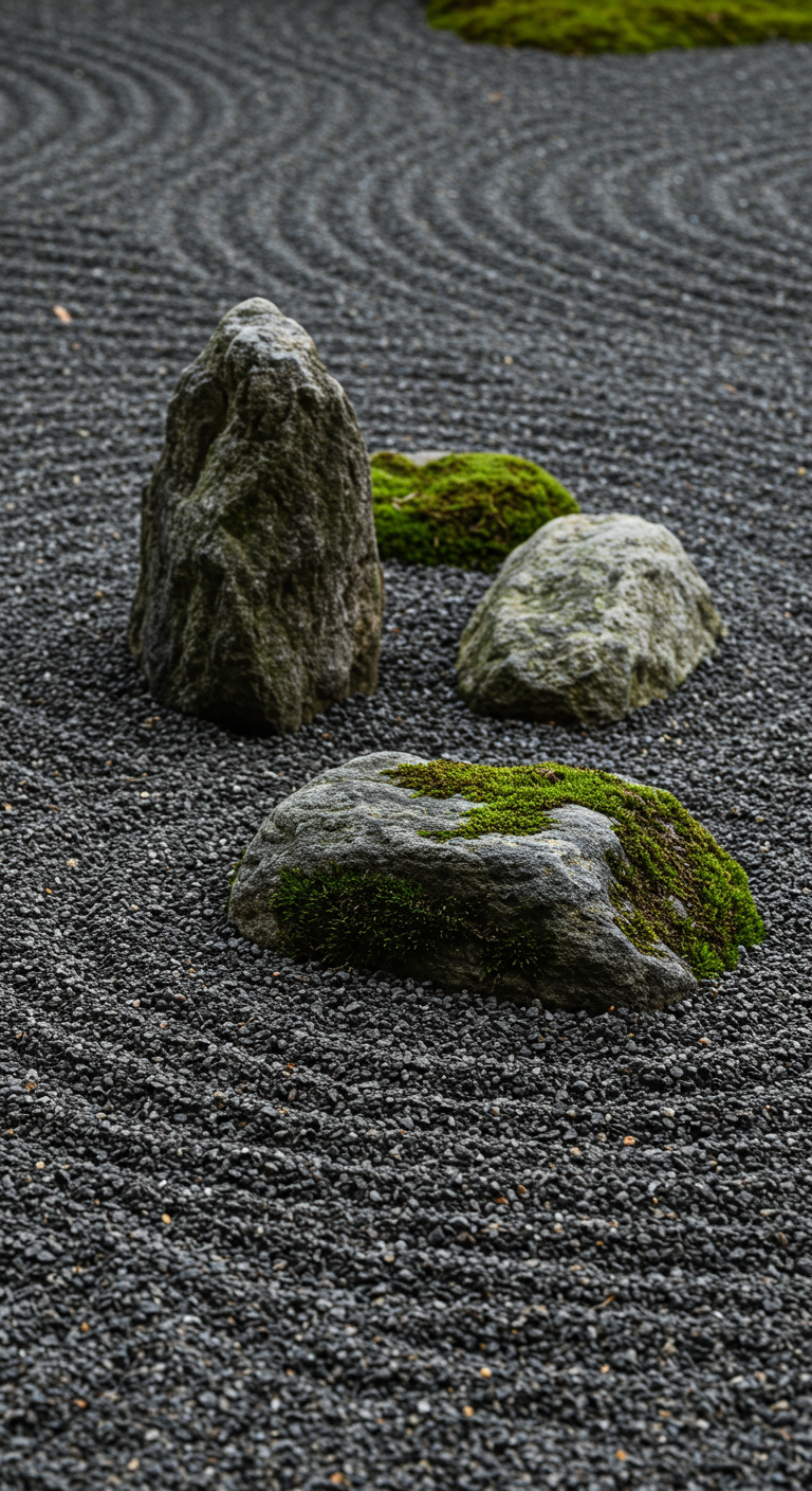 Drei bemooste Felsen auf dunklem, geharktem Kies in einem kleinen Zen-Garten.