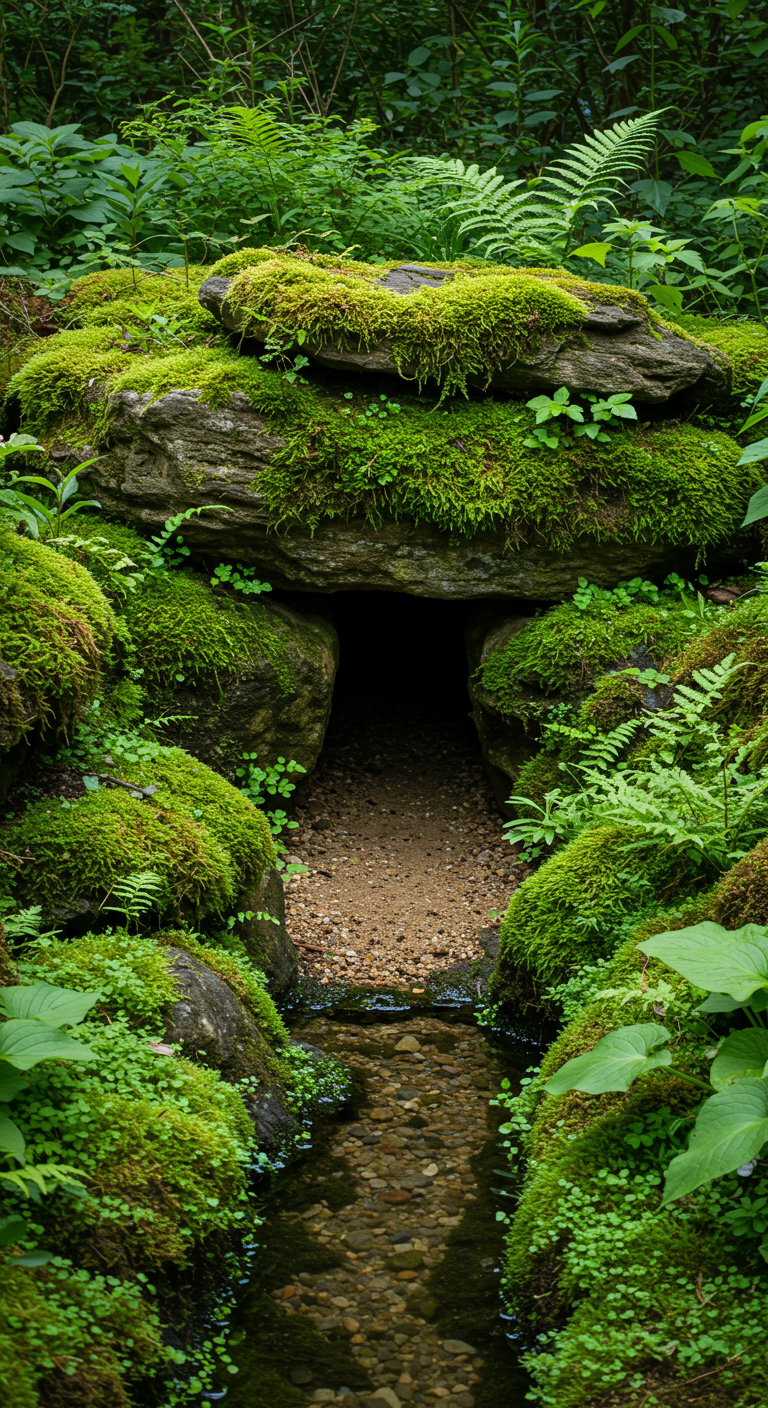Moosbewachsene Steinhöhle mit kleinem Bachlauf im Wald