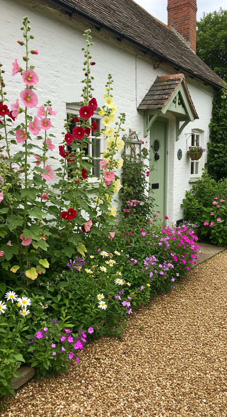 Hohe Stockrosen in Rosa-, Rot- und Gelbtönen wachsen vor einem weißen Cottage mit grüner Tür.