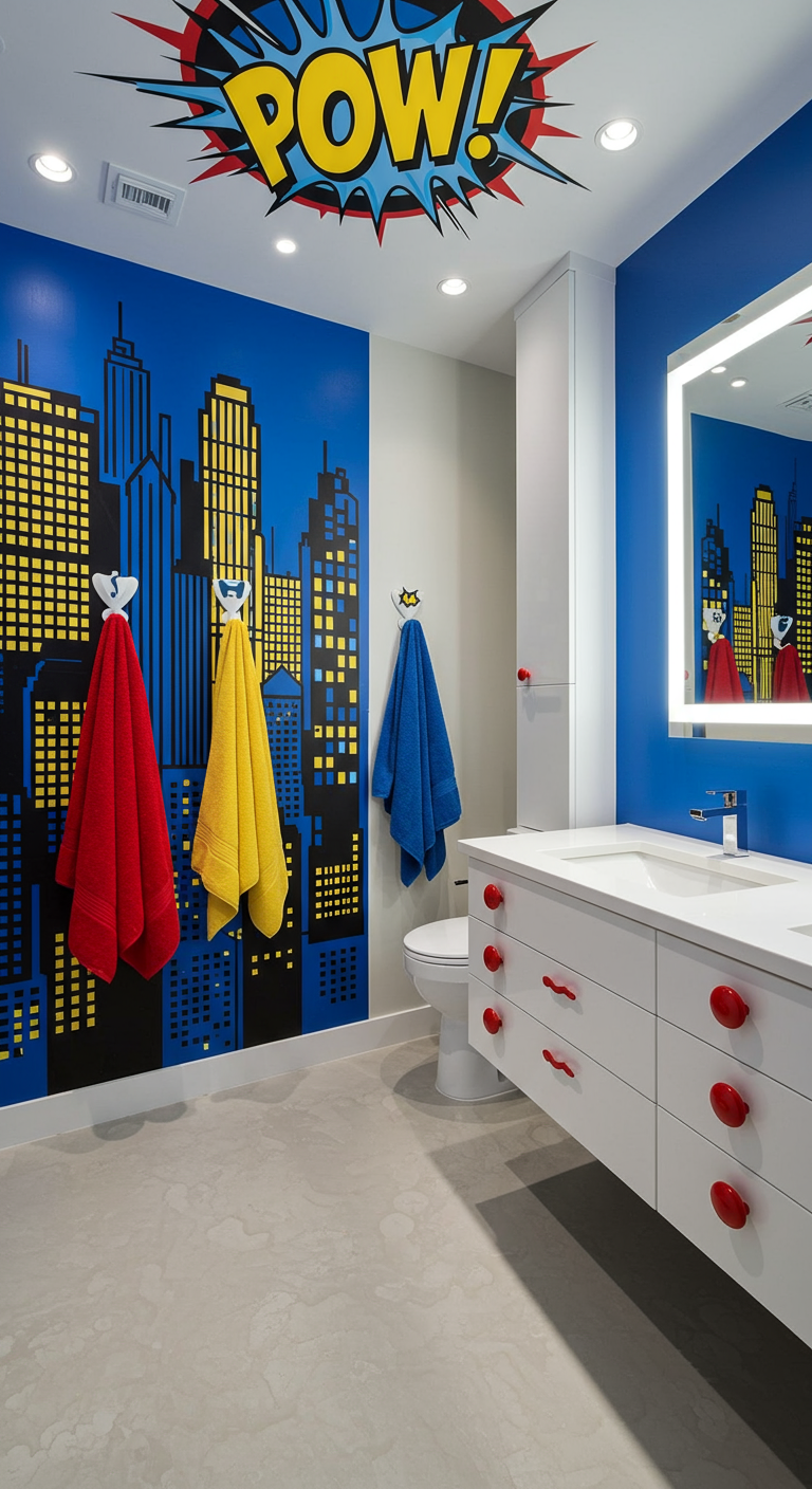 Kinderbad im Superhelden-Stil mit Skyline-Tapete und POW-Schriftzug.